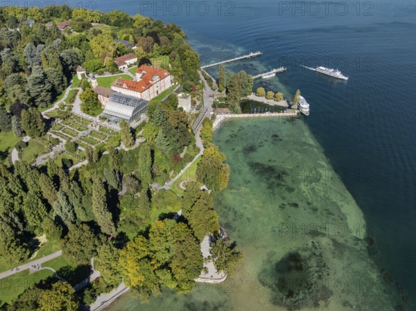 The island of Mainau in Lake Constance with the jetty and the baroque Mainau Castle, built between