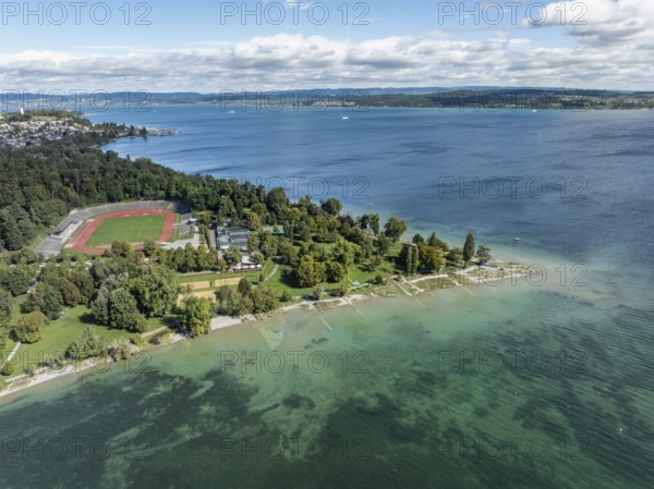 Aerial view of Lake Constance with the Horn lido and Lake Constance stadium, Constance district,