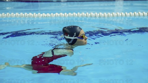 Turkish Paralympic champion swimmer Sevlay Öztürk trains in a swimming pool in Gaziantep, Türkiye,