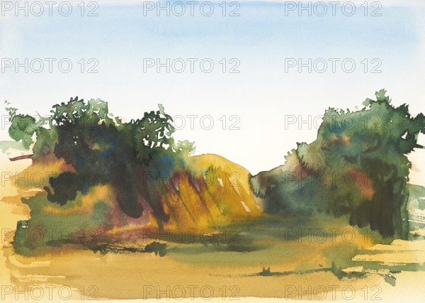 Watercolor painting showing a landscape in Tuscany at summer time