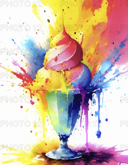 Sweet consumption theme showing a bowl of ice cream in multicolored vibrant splashy ambiance. AI