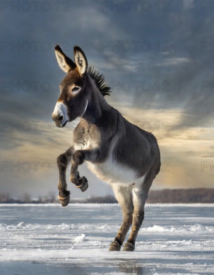Donkey on ice in sunny ambiance, based on the proverb When the donkey is feeling too good, it goes