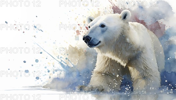 Animal and wildlife theme showing a polar bear in vibrant splashy ambiance. AI generated image with