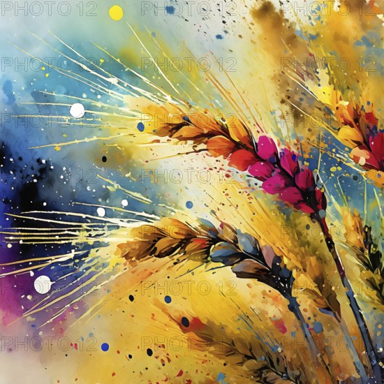 Food and agricultural theme showing some barley ears in multicolored vibrant splashy ambiance. AI