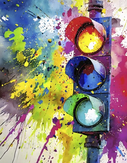Traffic and signaling theme showing a traffic light in multicolored vibrant splashy ambiance. AI