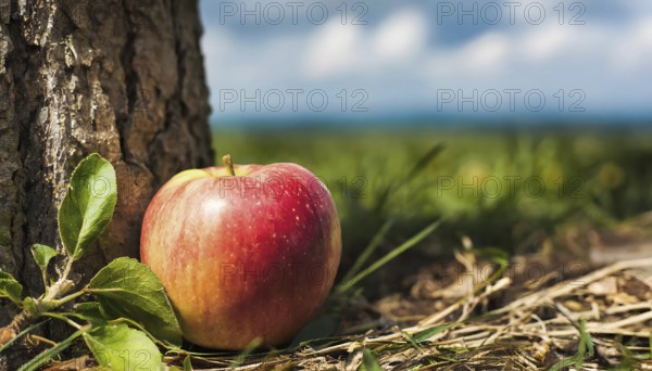 Apple near tree stem closeup, based on the proverb The apple doesn't fall far from the tree, AI