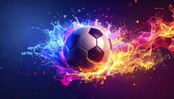 Football in flashy ambiance. AI illustration with light effects and fiery liquid splashes, AI