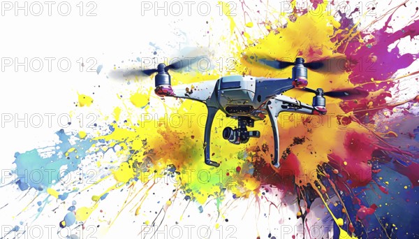 Aircraft, control and observation theme showing a small unmanned aerial vehicle in multicolored