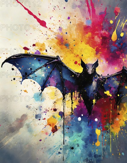 Animal and Halloween theme showing a flying bat in multicolored vibrant splashy ambiance. AI