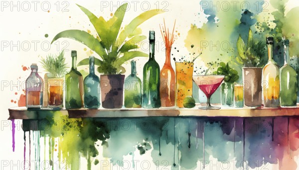 AI generated image showing lots of cocktails, bottles and plants on a board, watercolor style with