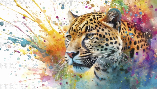 Safari and wildlife theme showing the portrait of a jaguar in multicolored vibrant splashy ambiance