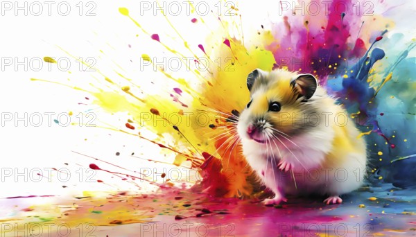 Pet and animal theme showing a hamster in multicolored vibrant splashy ambiance. AI generated image