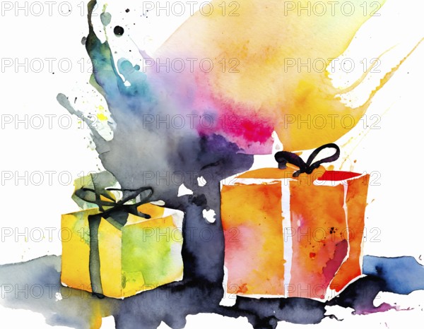 AI generated image showing some colorful presents, watercolor style with splashes and spots in