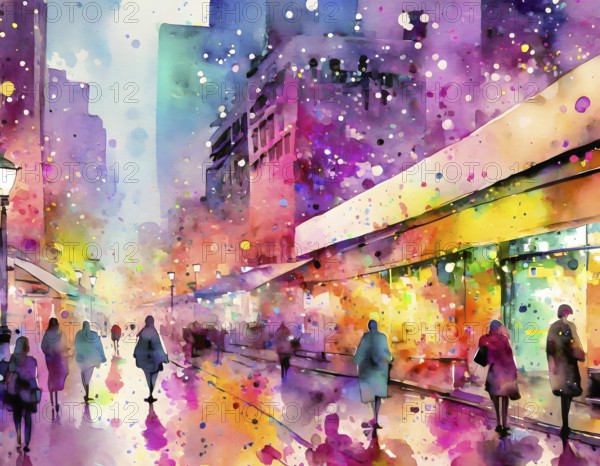 AI generated image showing a vivid illuminated city scenery, watercolor style with splashes and