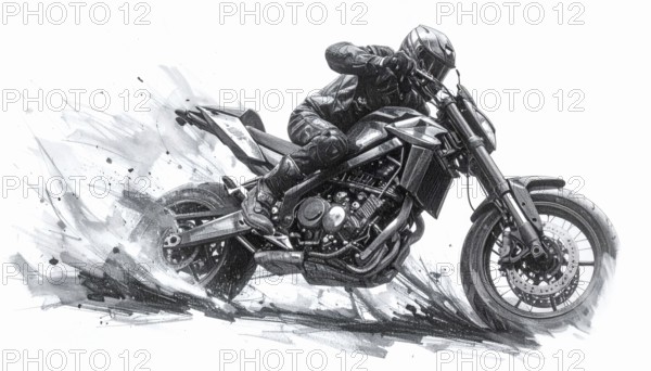 AI generated sketch of a motorcyclist in racing ambiance, with splashes, splatter and spots