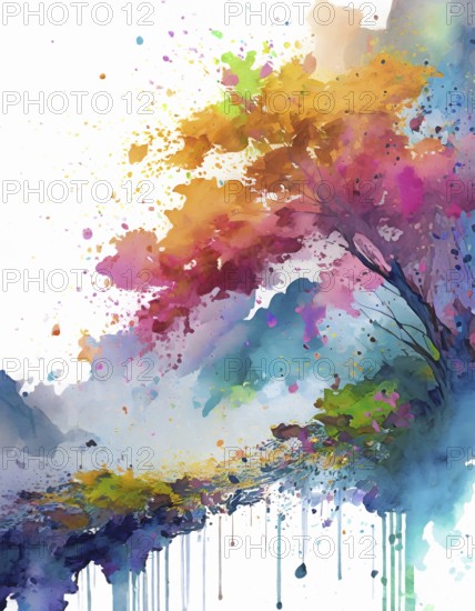 Nature, travel and outdoor theme showing a riparian landscape in multicolored vibrant splashy