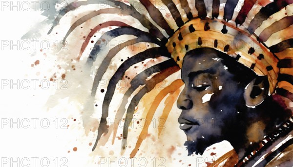 AI generated image showing the portrait of an african warrior with awesome headdress, watercolor