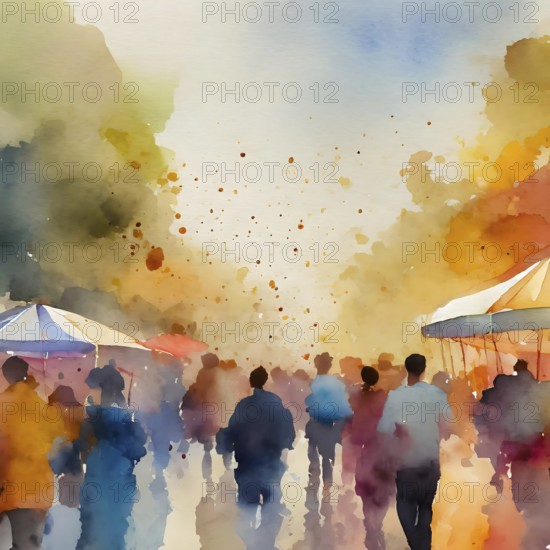 AI generated festivity theme showing a urban street market scenery with lots of people in