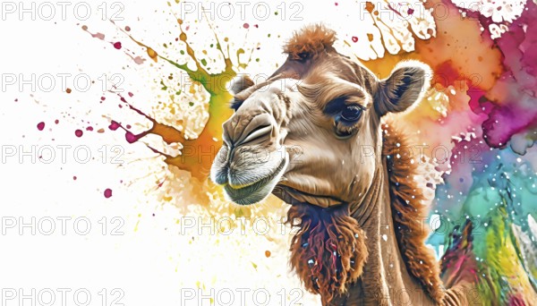 Animal and wildlife theme showing the portrait of a camel in multicolored vibrant splashy ambiance.