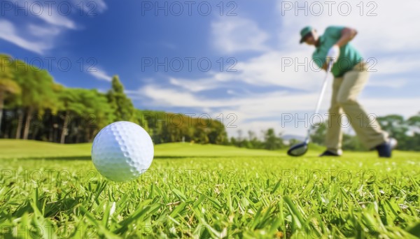 AI generated image showing a golf ball and golf club closeup on a course in sunny ambiance with