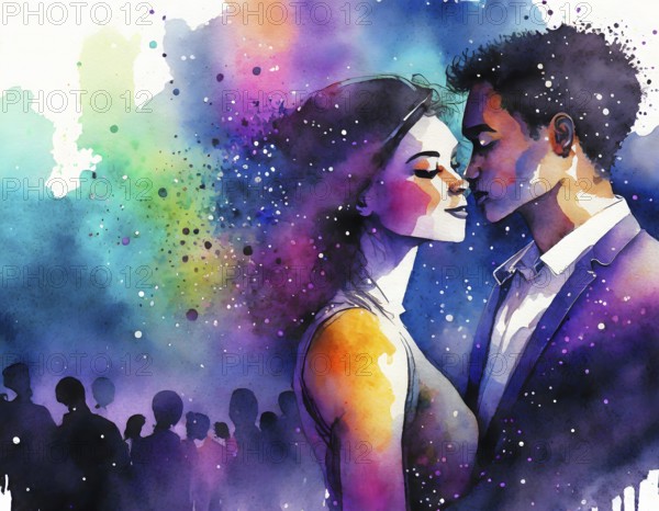 AI generated image showing a couple in a crowd at evening time, watercolor style with splashes and