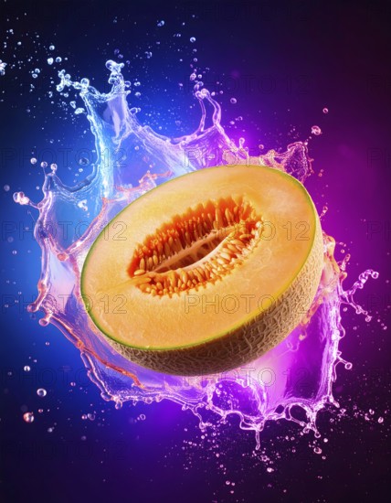 Halved honeydew melon in flashy ambiance. AI illustration with light effects and liquid splashes,