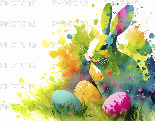 Easter theme showing colored Easter eggs and Easter Bunny in multicolored vibrant splashy ambiance.