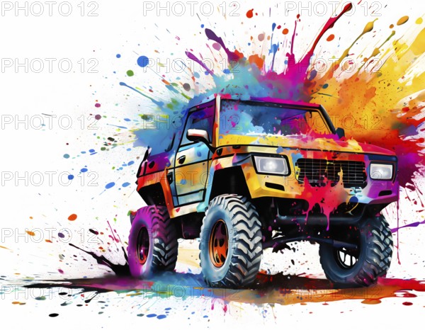Outdoor and adventure theme showing a off-road vehicle in multicolored vibrant splashy ambiance. AI