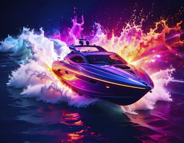 Watercraft theme showing a speedboat in multicolored vibrant splashy ambiance. AI generated image