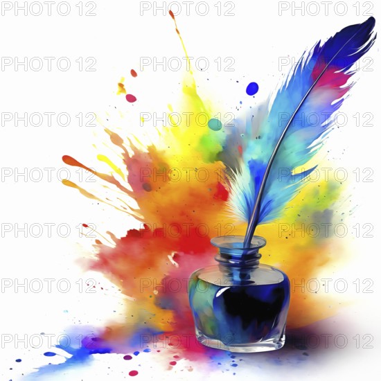 Writing theme showing a inkwell with quill in multicolored vibrant splashy ambiance. AI generated