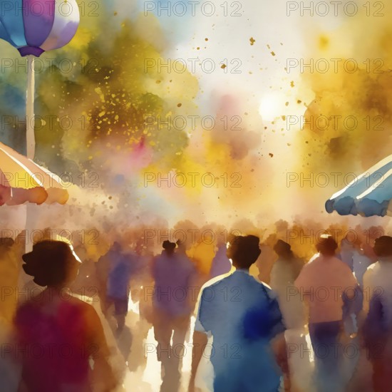 AI generated lifestyle theme showing a street scenery with lots of people in multicolored vibrant
