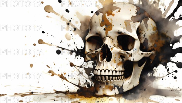 Mortal theme showing a skull in splashy ambiance. AI generated image with lots of paint splashes,