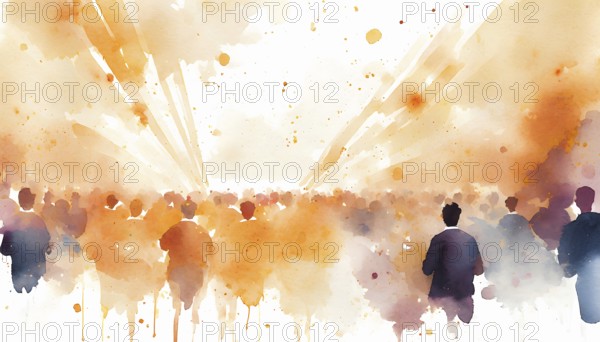 AI generated image showing a colorful illuminated event including audience, watercolor style with