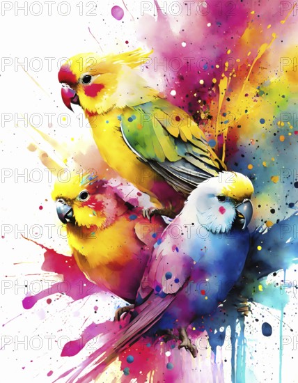 Animal, pet and wildlife theme showing some parakeets in multicolored vibrant splashy ambiance. AI