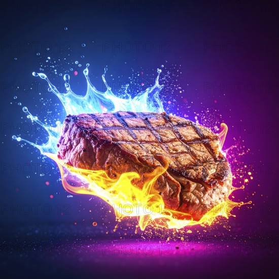 Cooking and cuisine theme showing a rosted steak in multicolored vibrant splashy ambiance. AI
