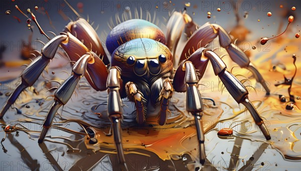 Animal and Halloween theme showing a spider in multicolored vibrant splashy ambiance. AI generated