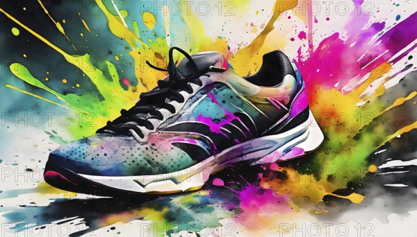 Sports theme showing a modern sneaker shoe in multicolored vibrant splashy ambiance. AI generated