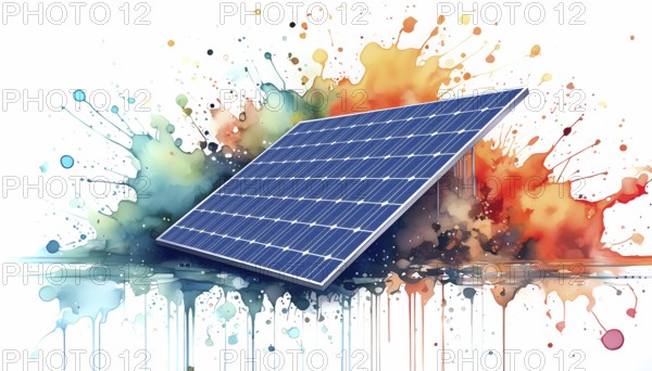 Photovoltaic theme showing a solar panel in multicolored vibrant splashy ambiance. AI generated