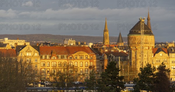 Sunny illuminated high angle view of Metz, a city in the Lorraine region at northeast France at