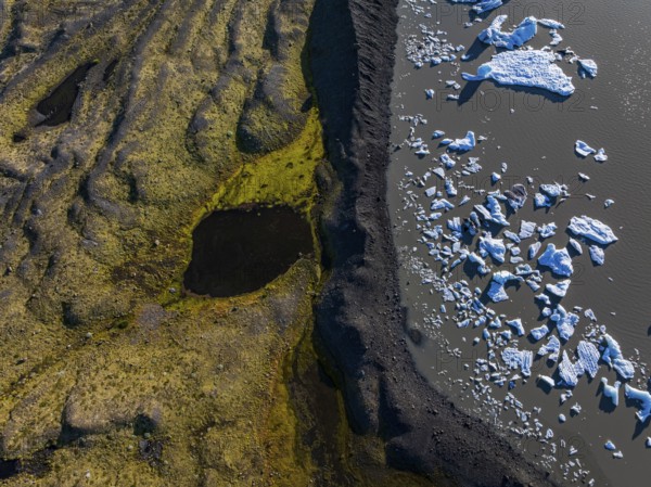 Ice floes, glacial lake, sunny, aerial view, summer, Kviarjökull, Vatnajökull, Iceland