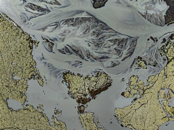 Lava, mosses, river, river course, branched, cloudy, summer, aerial view, Kirkjubaerklaustur,
