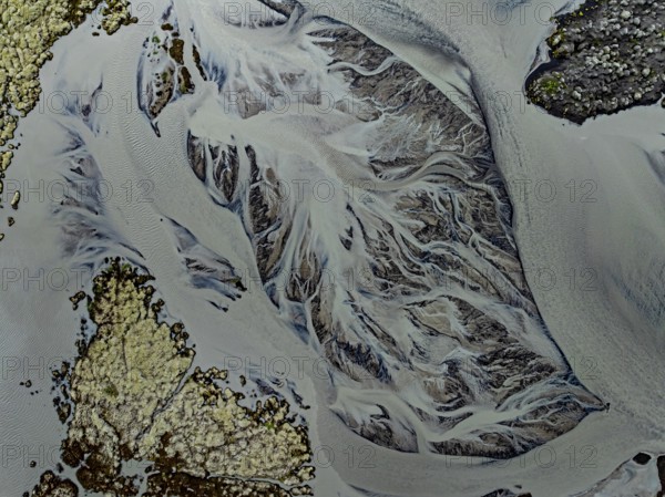 Lava, mosses, river, river course, branched, cloudy, summer, aerial view, Kirkjubaerklaustur,