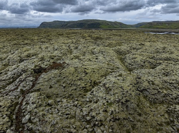 Lava, mosses, volcanic landscape, cloudy, mountains, summer, aerial view, Eldhraun,