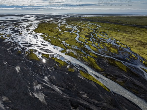 River, river course, river delta, branched, sunny, backlight, aerial view, summer, south-east