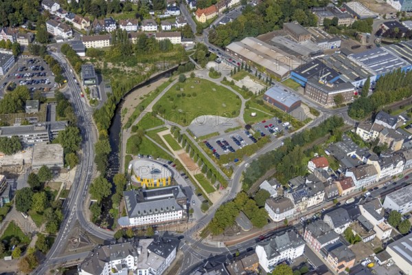 Aerial view, Ennepebogen Park and savings bank building in the Haufe district of Gevelsberg, Ruhr