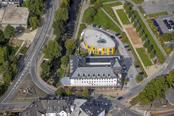 Aerial view, Ennepebogen Park and savings bank building in the Haufe district of Gevelsberg, Ruhr