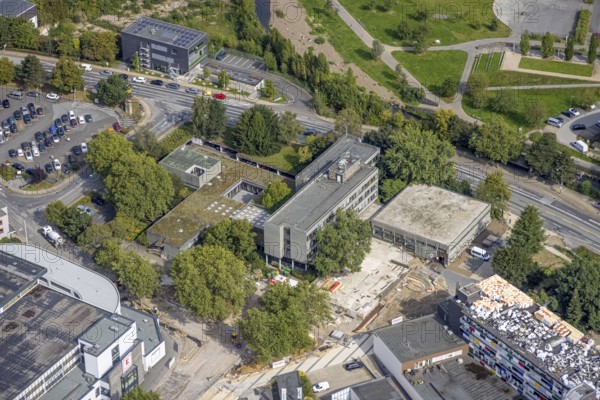 Aerial view, town hall and construction site at the city archive in the district Haufe in