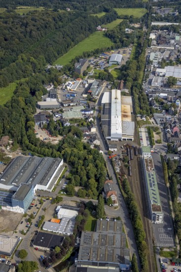 Aerial view, commercial area at Mühlenstraße and new fire station at Haufer Bahnhof at the old