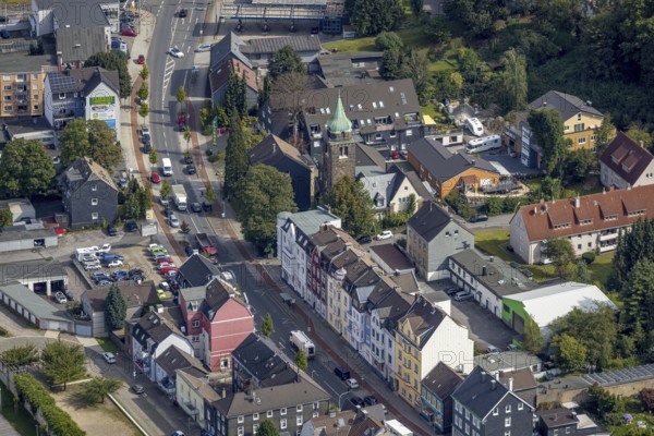 Aerial view, Hagener Straße and church on Martin-Luther-Straße in the Haufe district of Gevelsberg,