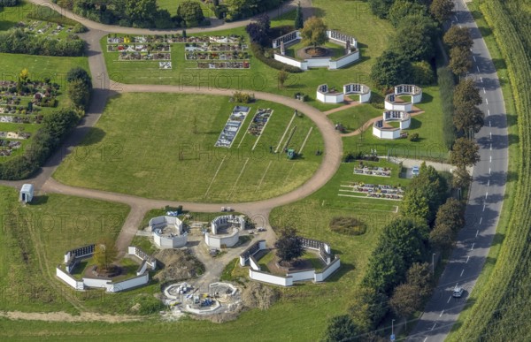 Aerial view, central cemetery with new construction of urn graves in the district of Berge in